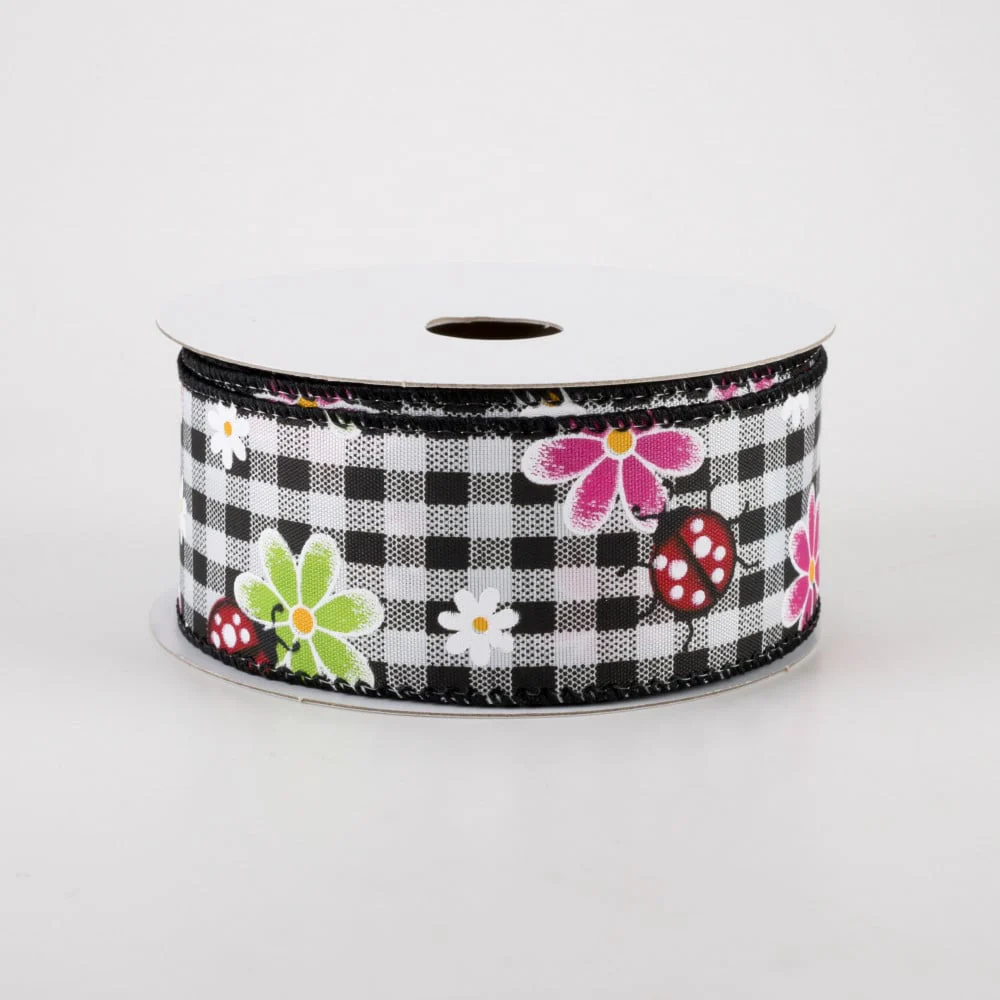 💙 Daisies and Ladybugs on Black & White Gingham Ribbon 1.5" x 10 Yards - Image 2