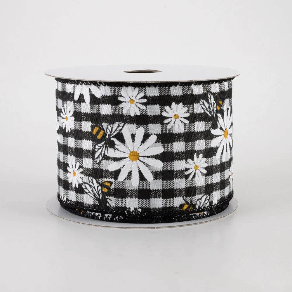๐ Daisies & Bees Black & White Gingham 2.5" x 10 yards