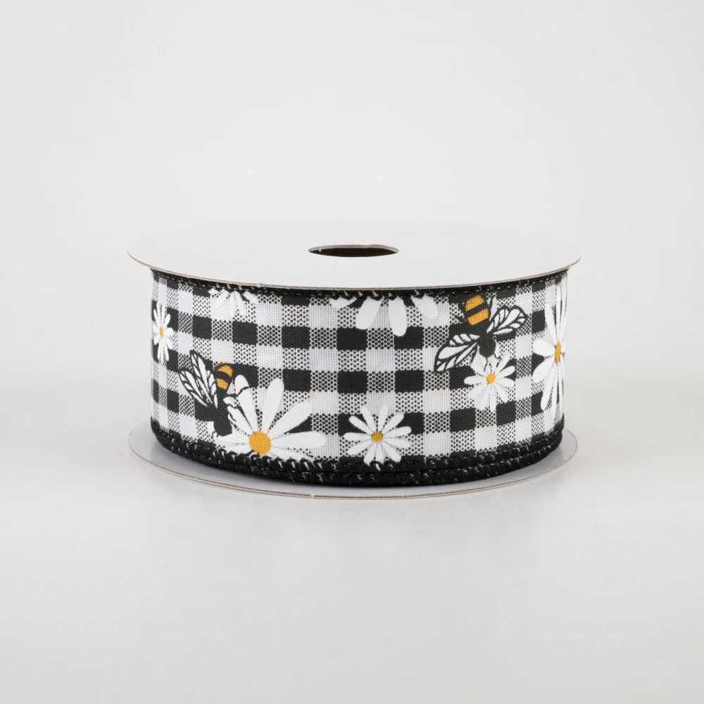 Daisies & Bees Black & White Gingham Ribbon 1.5" x 10 yards