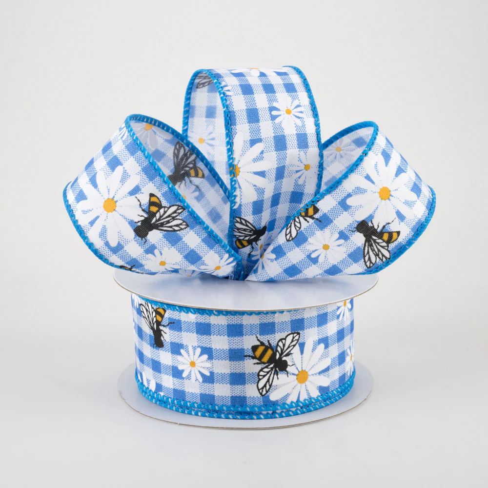 💙 Daisies & Bees Blue Gingham Ribbon 1.5" x 10 yards