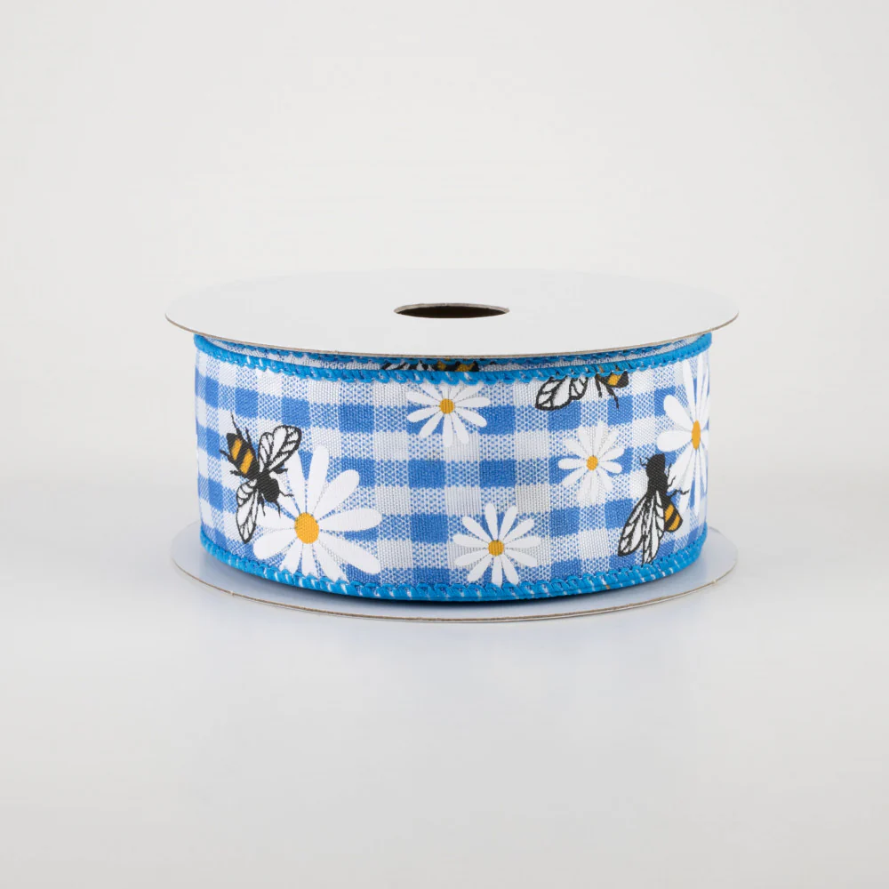 💙 Daisies & Bees Blue Gingham Ribbon 1.5" x 10 yards - Image 2