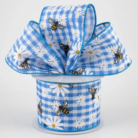Daisies & Bees Cobalt Blue Gingham Ribbon 2.5" x 10 yards