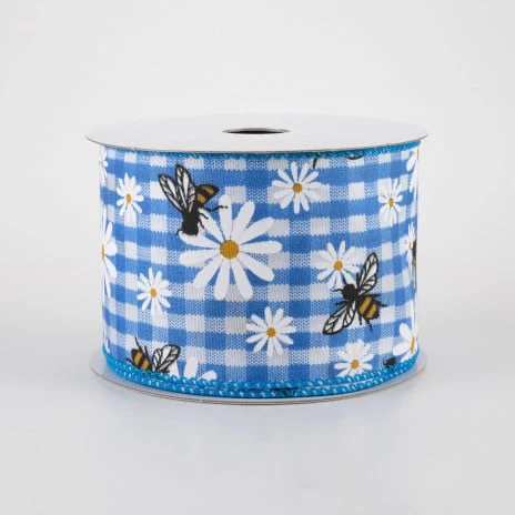Daisies & Bees Cobalt Blue Gingham Ribbon 2.5" x 10 yards - Image 2