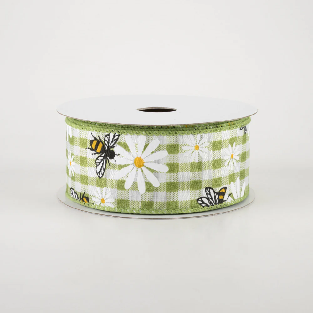 Daisies & Bees on Sage Green Gingham 1.5" x 10 yards