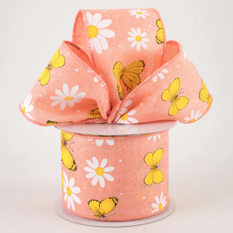 💙 Daisies & Butterflies Coral Linen Ribbon 2.5" x 10 Yards