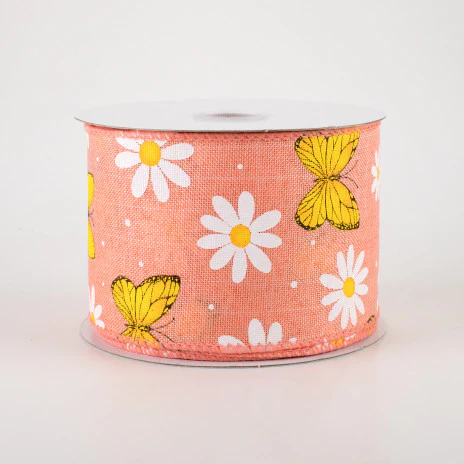 💙 Daisies & Butterflies Coral Linen Ribbon 2.5" x 10 Yards - Image 2