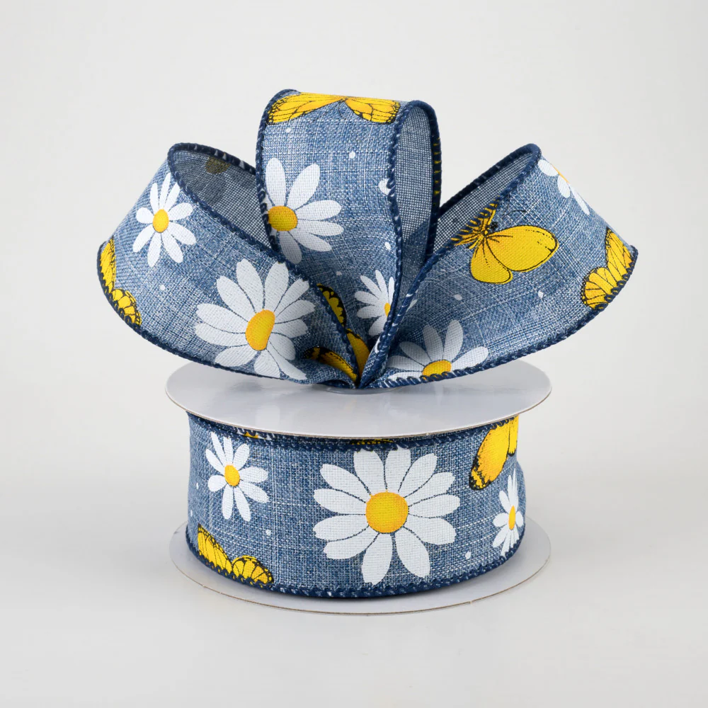 💙 Daisies & Butterflies Denim Blue Linen Ribbon 1.5" x 10 yards
