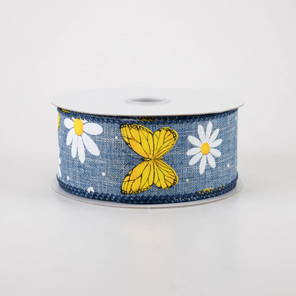 💙 Daisies & Butterflies Denim Blue Linen Ribbon 1.5" x 10 yards - Image 2