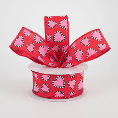 ๐ ๐ฅ Dashed Edge Pink Heart Red Ribbon 1.5" x 10 yards