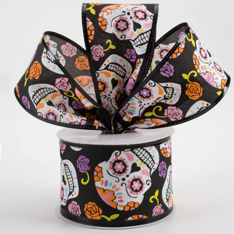 💙 Day of the Dead Skull on Black Ribbon 2.5" x 10 yards