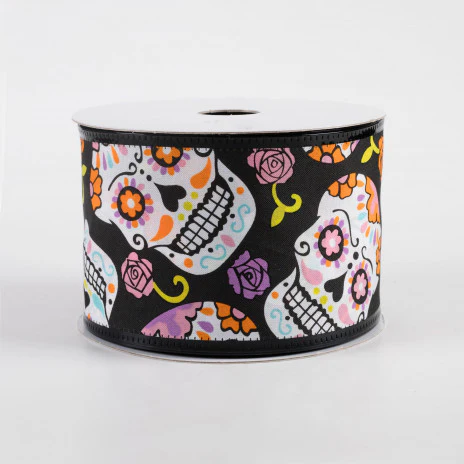 💙 Day of the Dead Skull on Black Ribbon 2.5" x 10 yards - Image 2