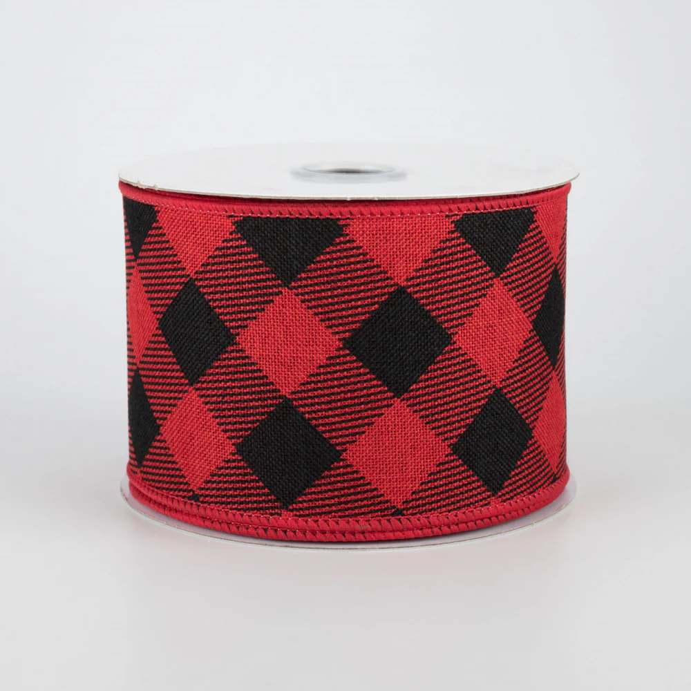 Diagonal Red and Black Check Ribbon 2.5" x 10 yards