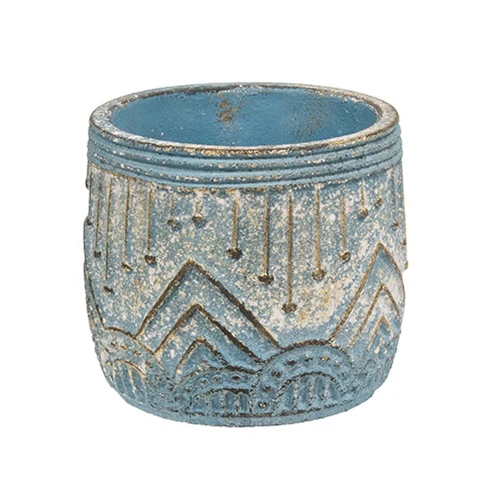 Distressed Blue Aztec Embossed Small Cement Planter