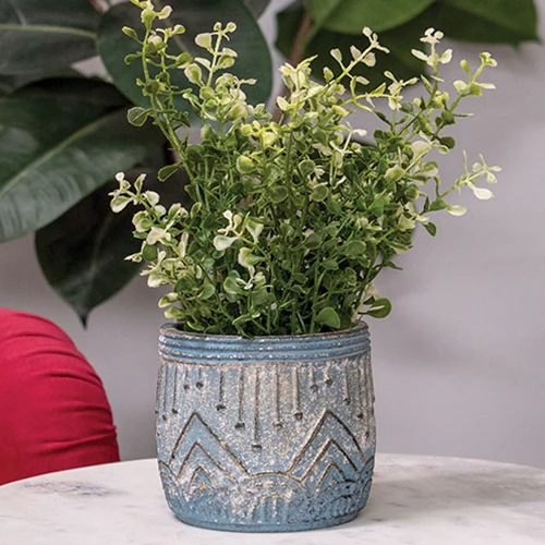 Distressed Blue Aztec Embossed Small Cement Planter - Image 2