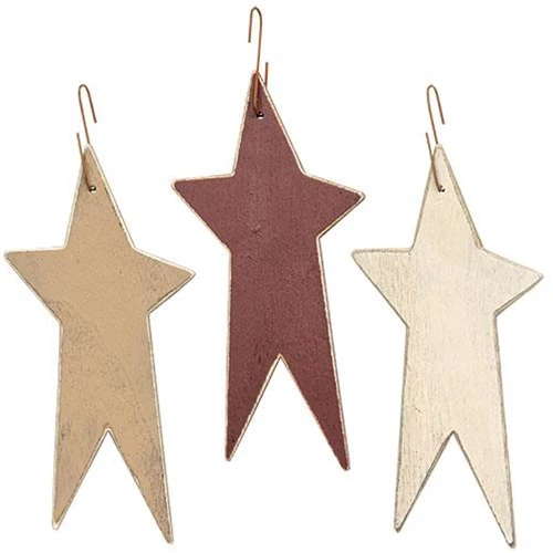 💙 Distressed Burgundy Cream and Ivory Primitive Star Ornaments Set of 3