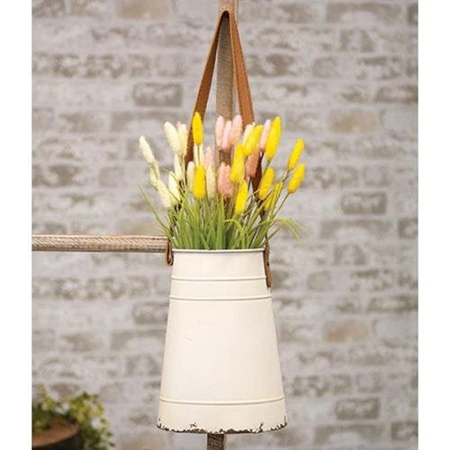 Distressed Cream Metal Wall Bucket with Leather Hanger - Image 2