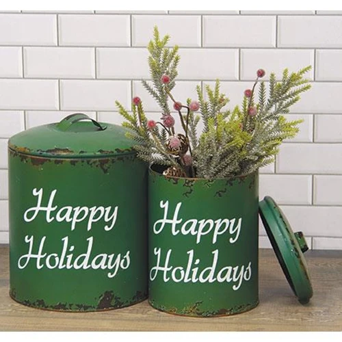 Distressed Green Metal Happy Holidays Containers Set of2