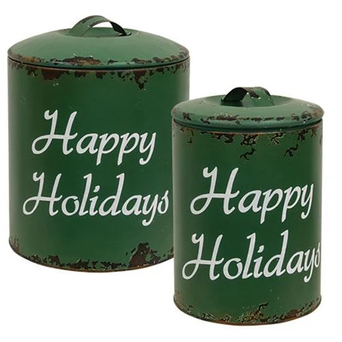 Distressed Green Metal Happy Holidays Containers Set of2 - Image 2