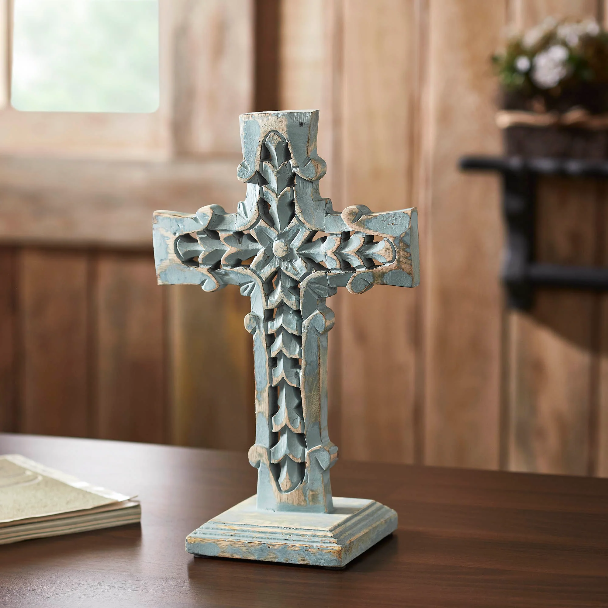 Distressed Grey Wooden Cross with Rosette Center & Base 13" H