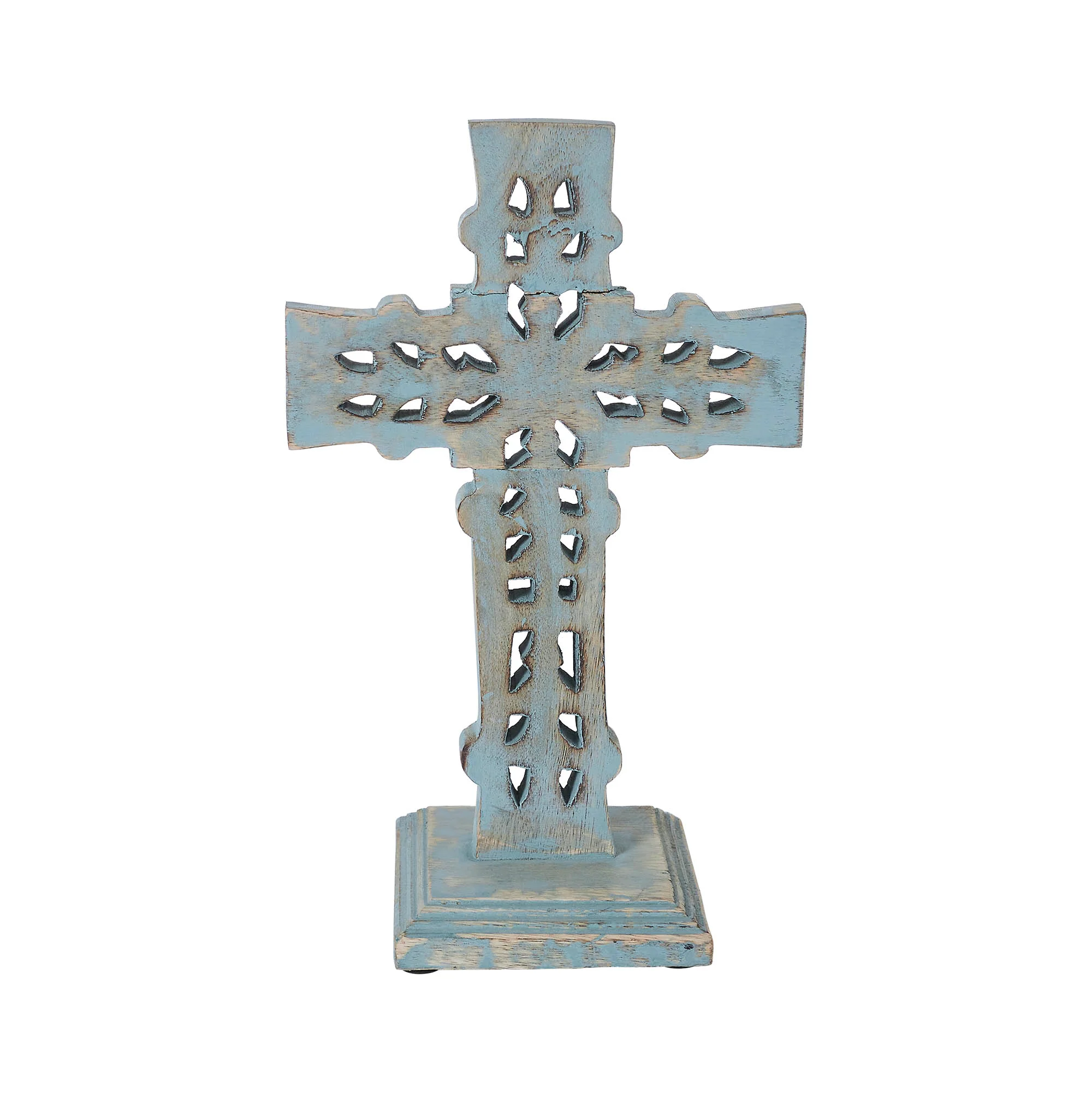 Distressed Grey Wooden Cross with Rosette Center & Base 13" H - Image 2