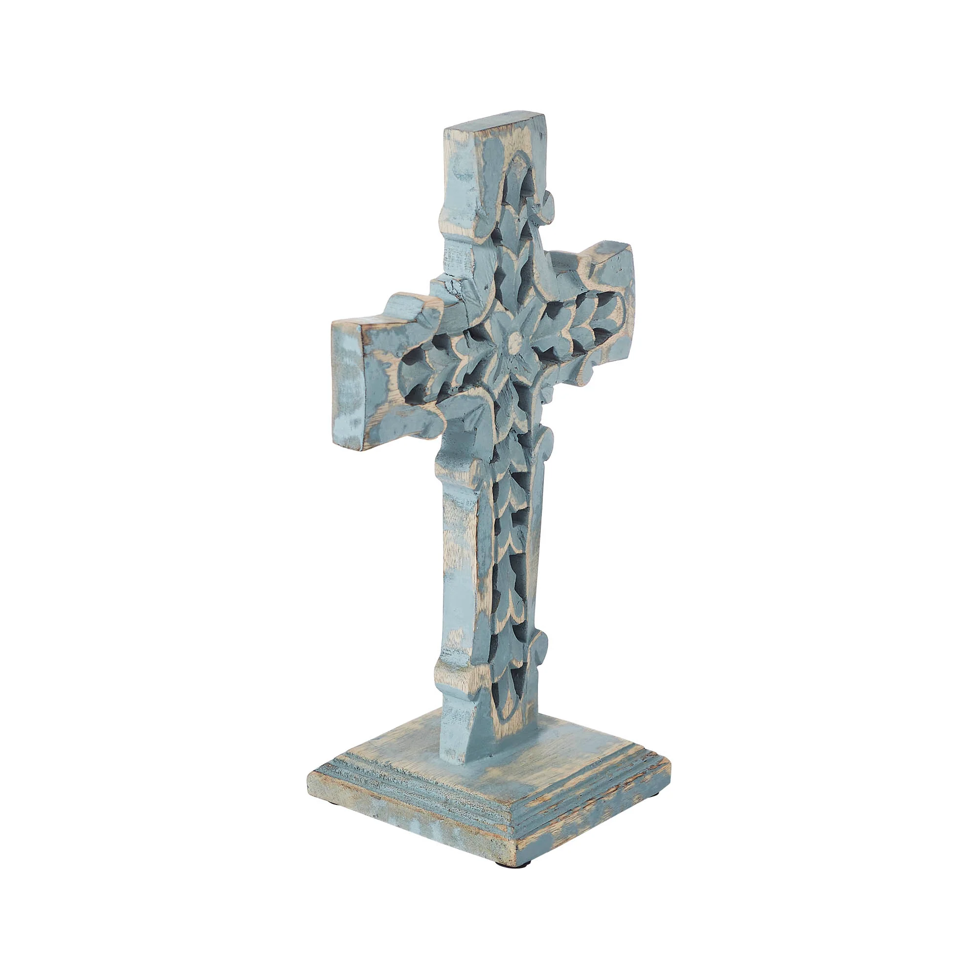 Distressed Grey Wooden Cross with Rosette Center & Base 13" H - Image 3