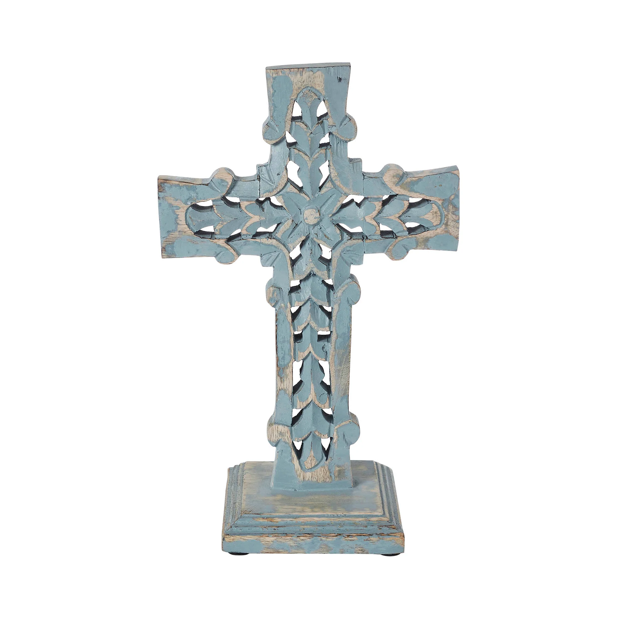 Distressed Grey Wooden Cross with Rosette Center & Base 13" H - Image 4
