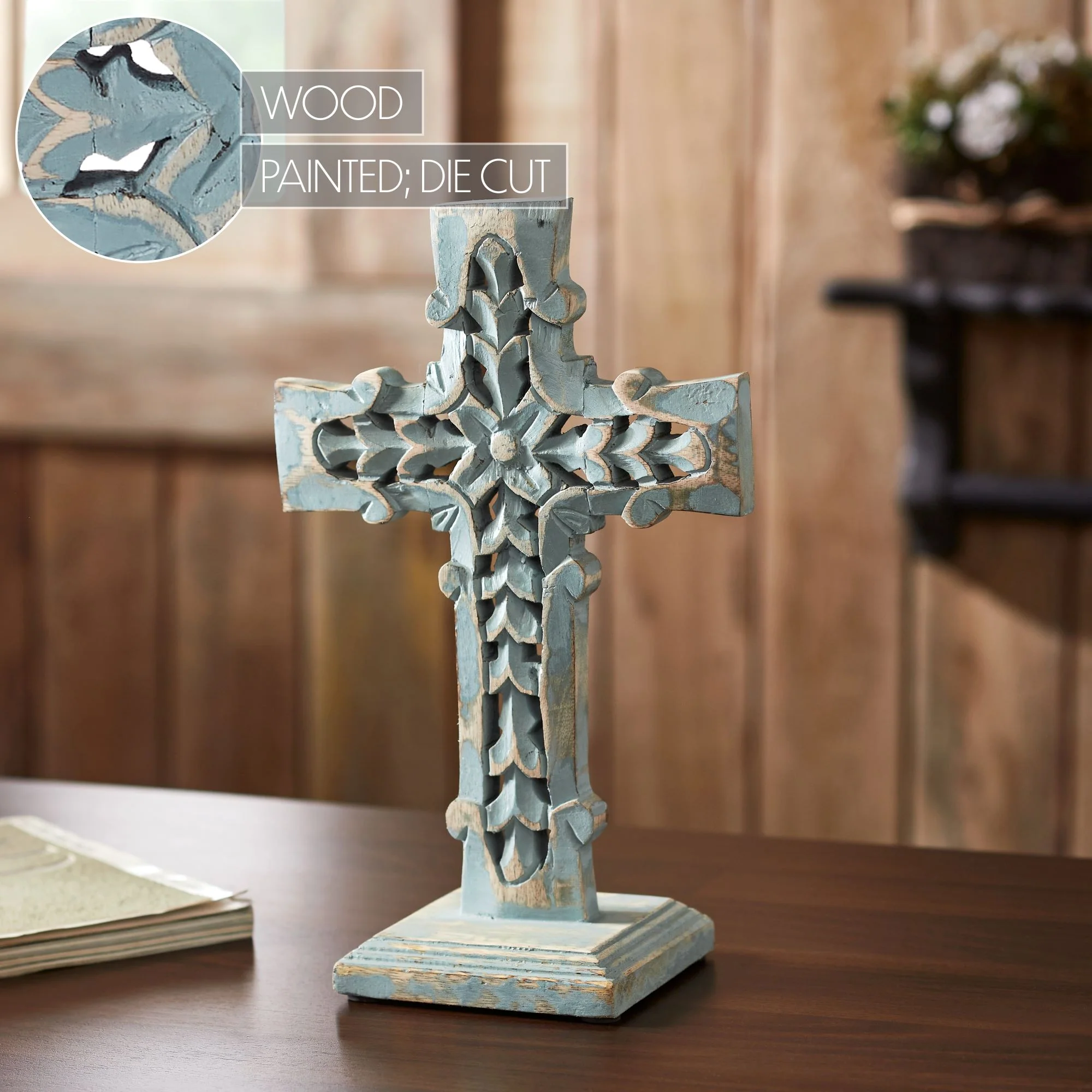 Distressed Grey Wooden Cross with Rosette Center & Base 13" H - Image 5