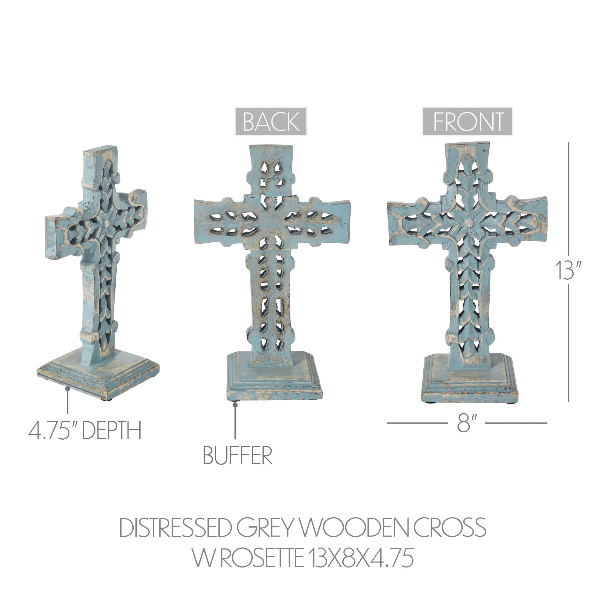 Distressed Grey Wooden Cross with Rosette Center & Base 13" H - Image 6