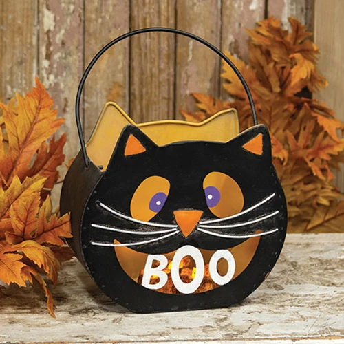 Distressed Metal Boo Cat Luminary Bucket - Image 2