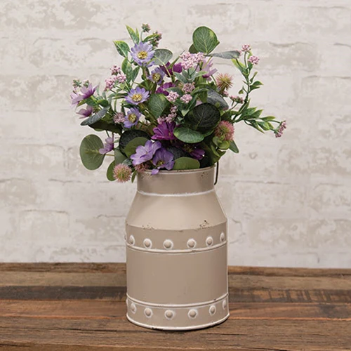 Distressed Metal Tan Beaded Accent Milk Can with Handle - Image 2