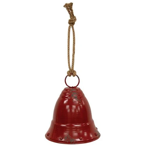 Distressed Red Metal Bell With Jute Hanger 9" H - Image 2