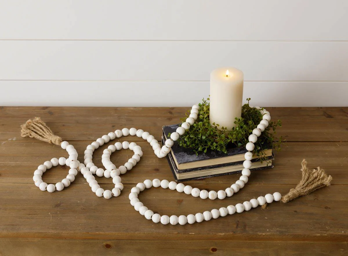 Distressed White Farmhouse Beads with Tassels 9 ft - Image 2