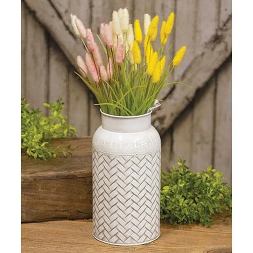 Distressed White Metal Basket Weave Milk Can - Image 2