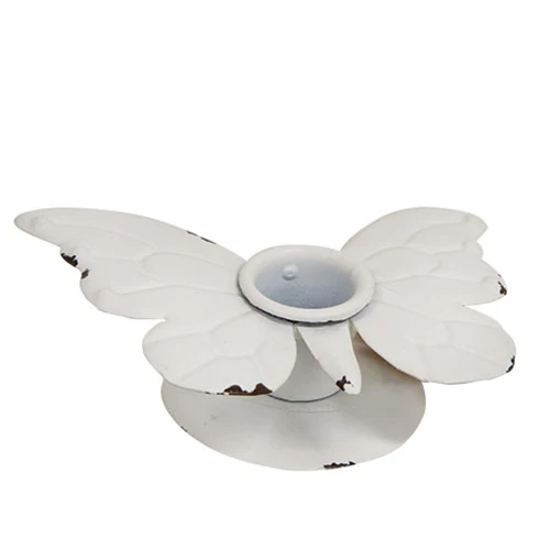 ๐ Distressed White Metal Butterfly Taper Candle Holder