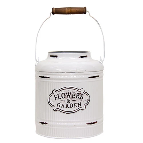 Distressed White Metal Ribbed Flower Garden Bucket With Handle