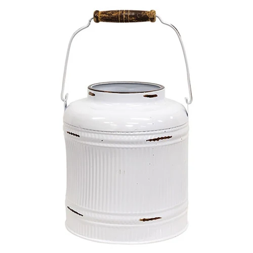 Distressed White Metal Ribbed Flower Garden Bucket With Handle - Image 2