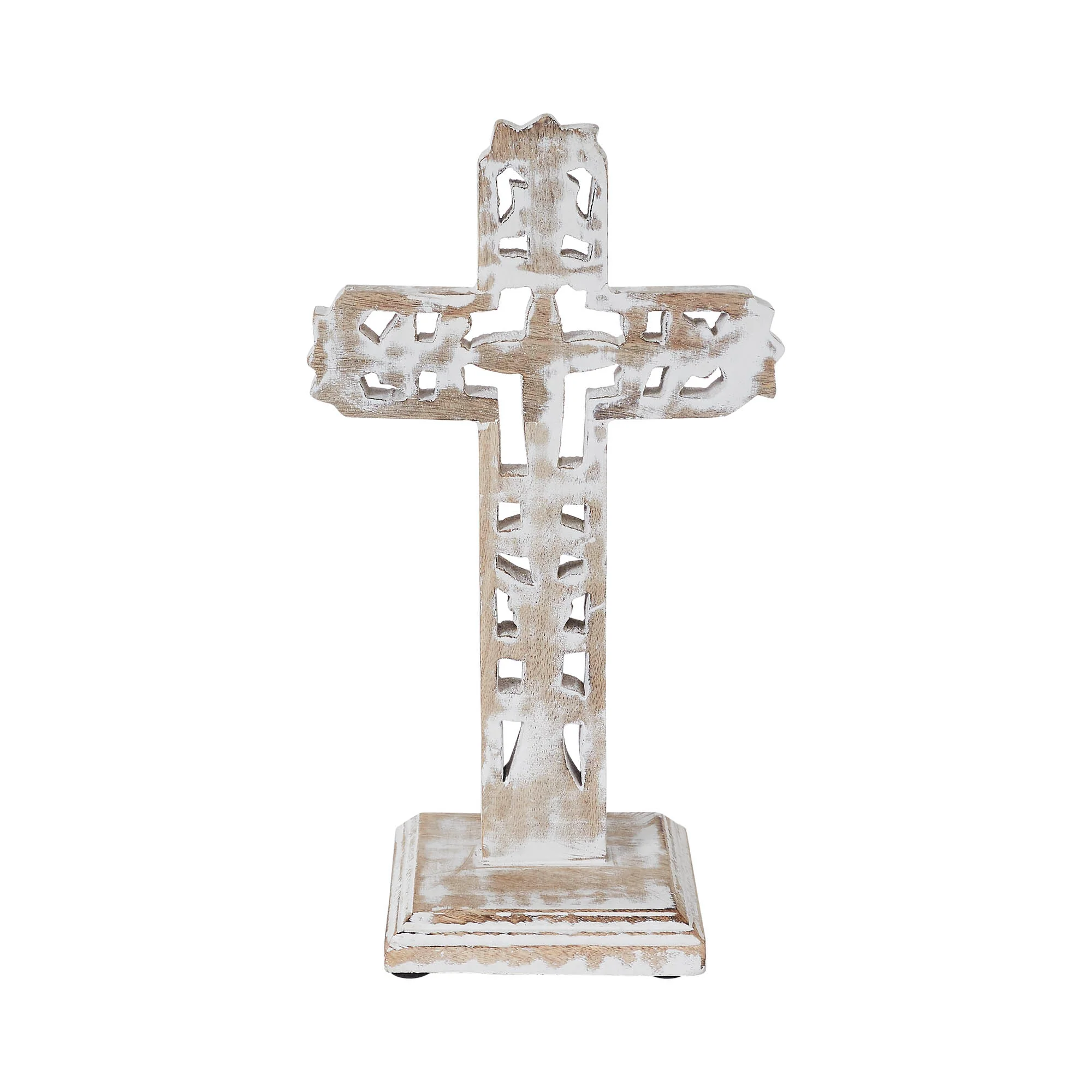 Distressed White Ornate Wooden Cross with Base 13" H - Image 3