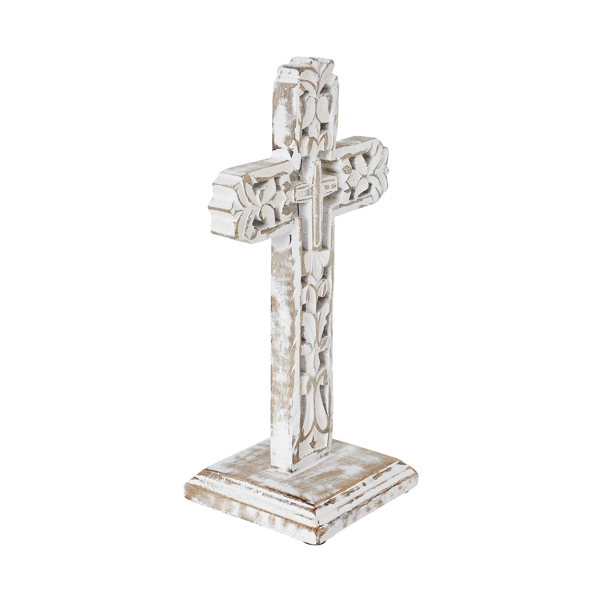 Distressed White Ornate Wooden Cross with Base 13" H - Image 4