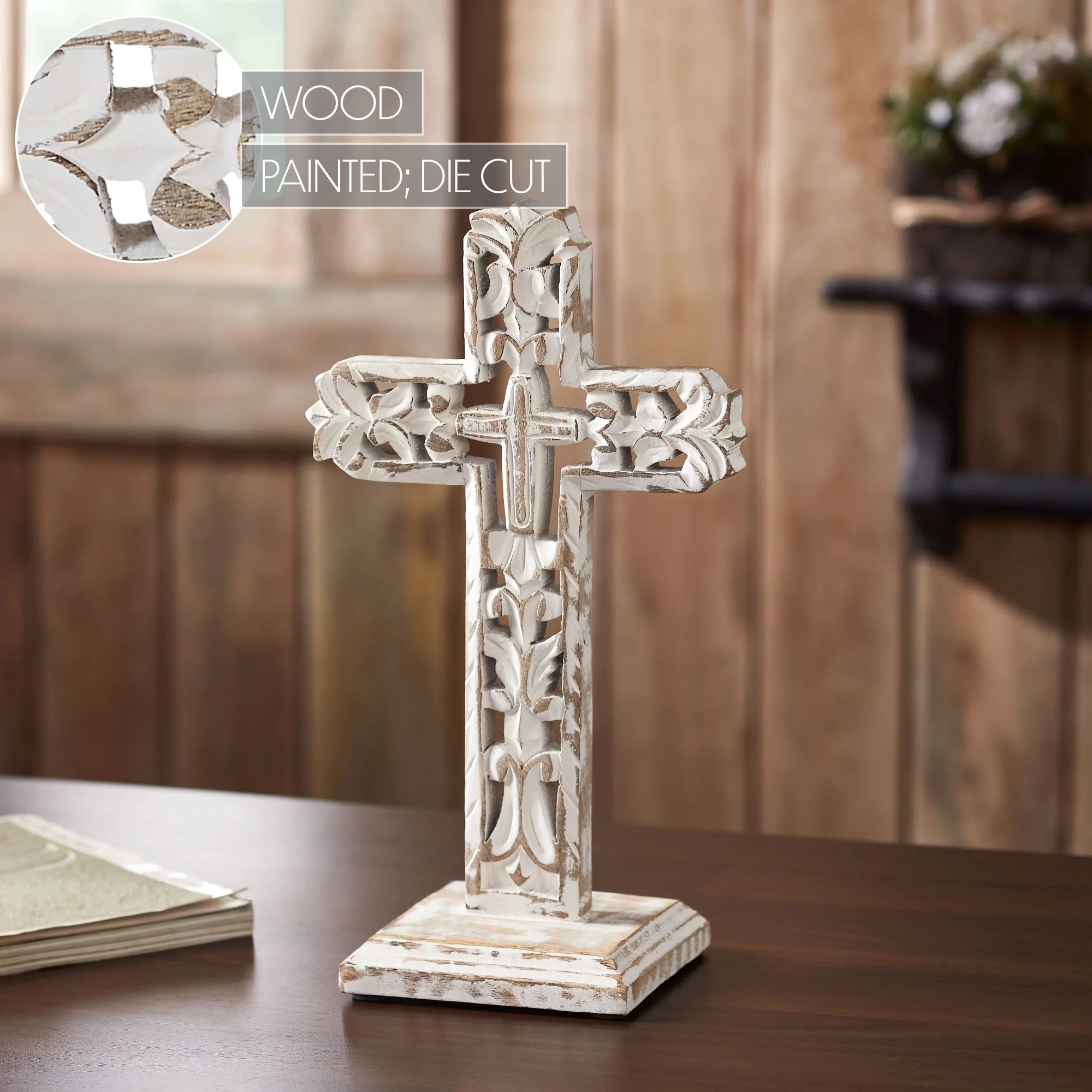 Distressed White Ornate Wooden Cross with Base 13" H - Image 5