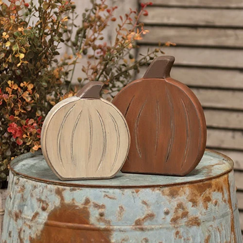 Distressed Wooden Orange and White Pumpkin Sitters - Image 2