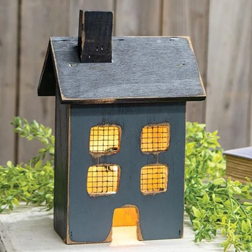 Distressed Wooden Small Blue Light Up House 11" H