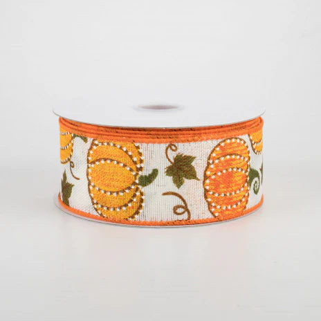 💙 🔥 Dotted Pumpkin on Ivory Ribbon 1.5" x 10 yards - Image 2