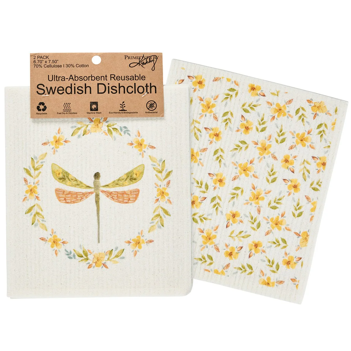 ๐ Dragonfly and Flowers Swedish Dishcloth Set