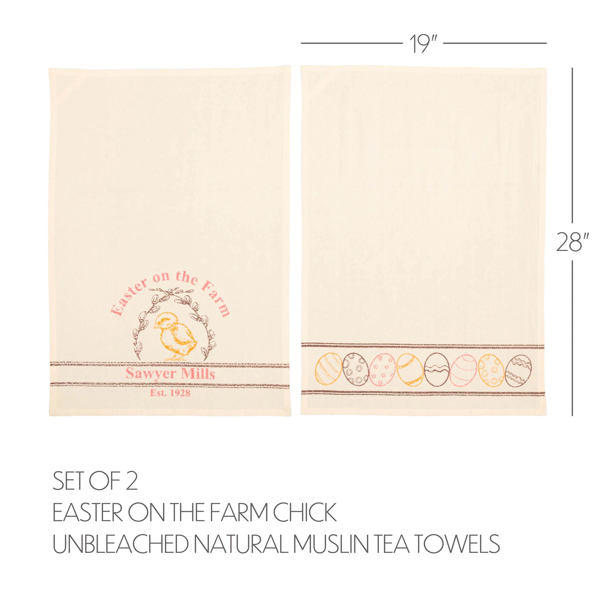 💙 Easter on the Farm Chick Unbleached Natural Muslin Tea Towel Set of 2 - Image 3