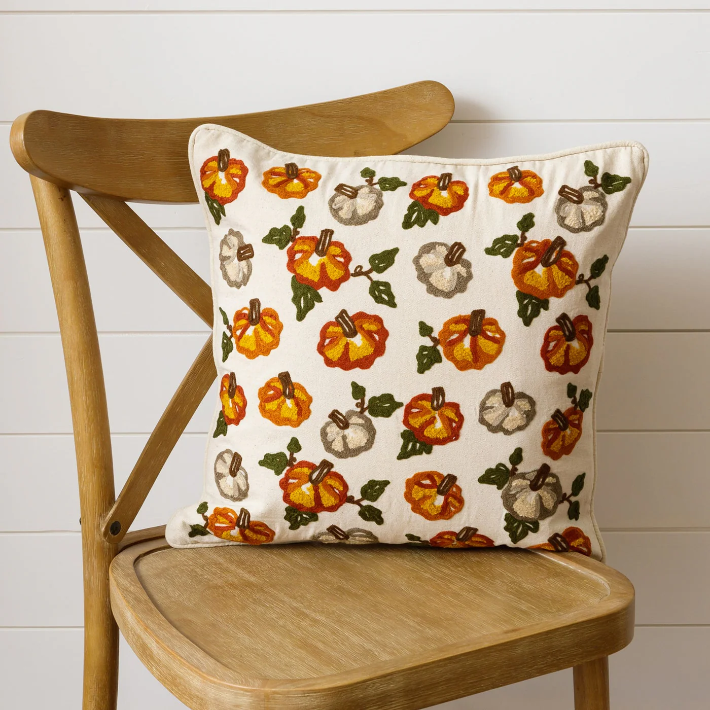 Embroidered White and Orange Mini Pumpkins 18" Fall Throw Pillow