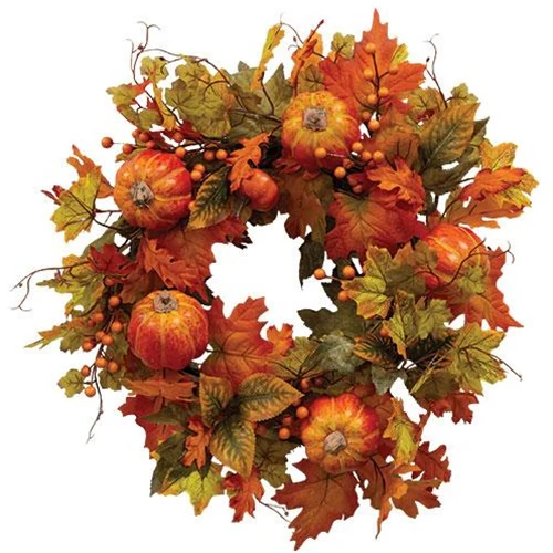 Fall Leaves Berries & Pumpkins 18" Faux Wreath - Image 2