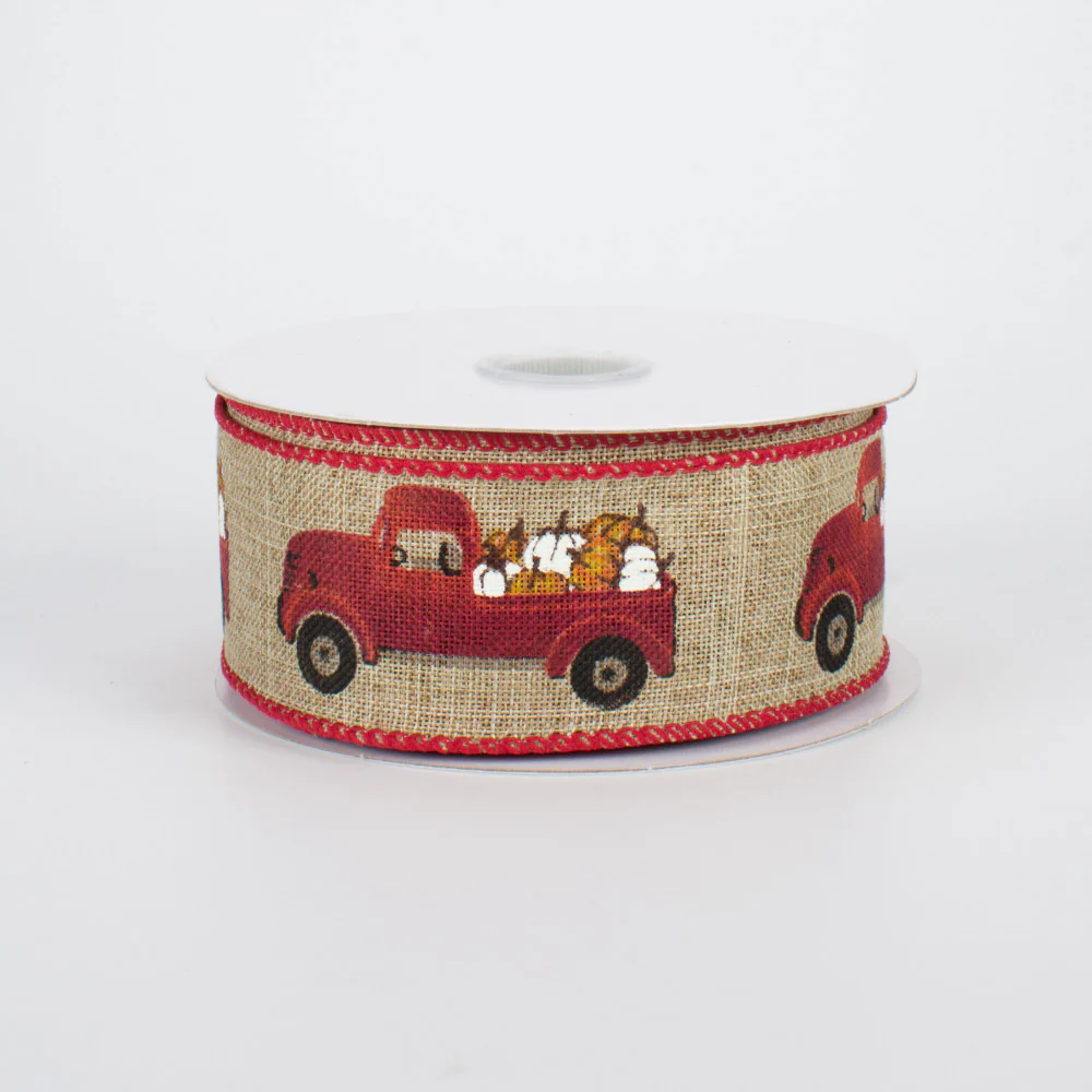Fall Red Truck Loaded with Pumpkins Ribbon 1.5" x 10 yards