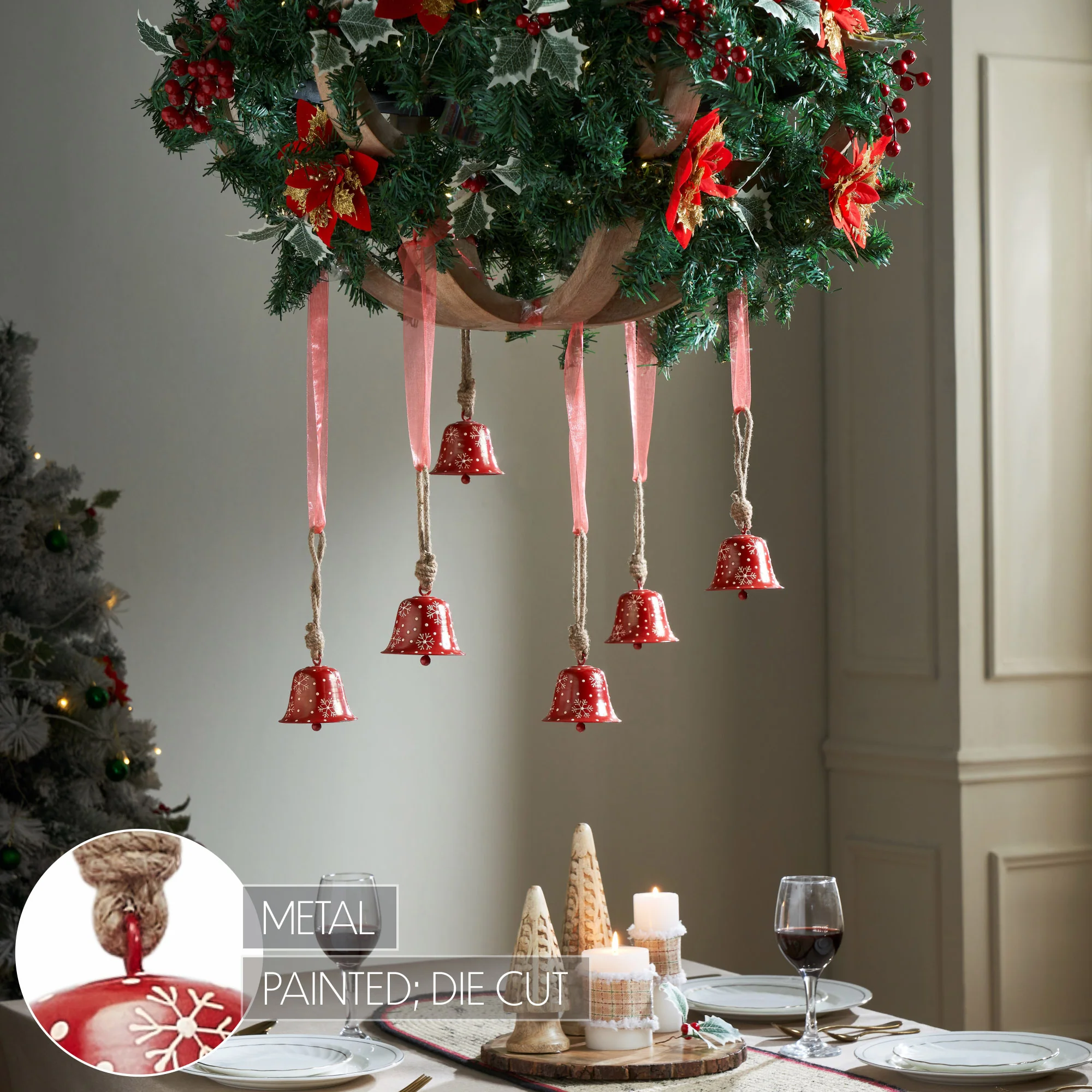 Falling Snow Red Bell Metal Ornament Set of 6 - Image 4