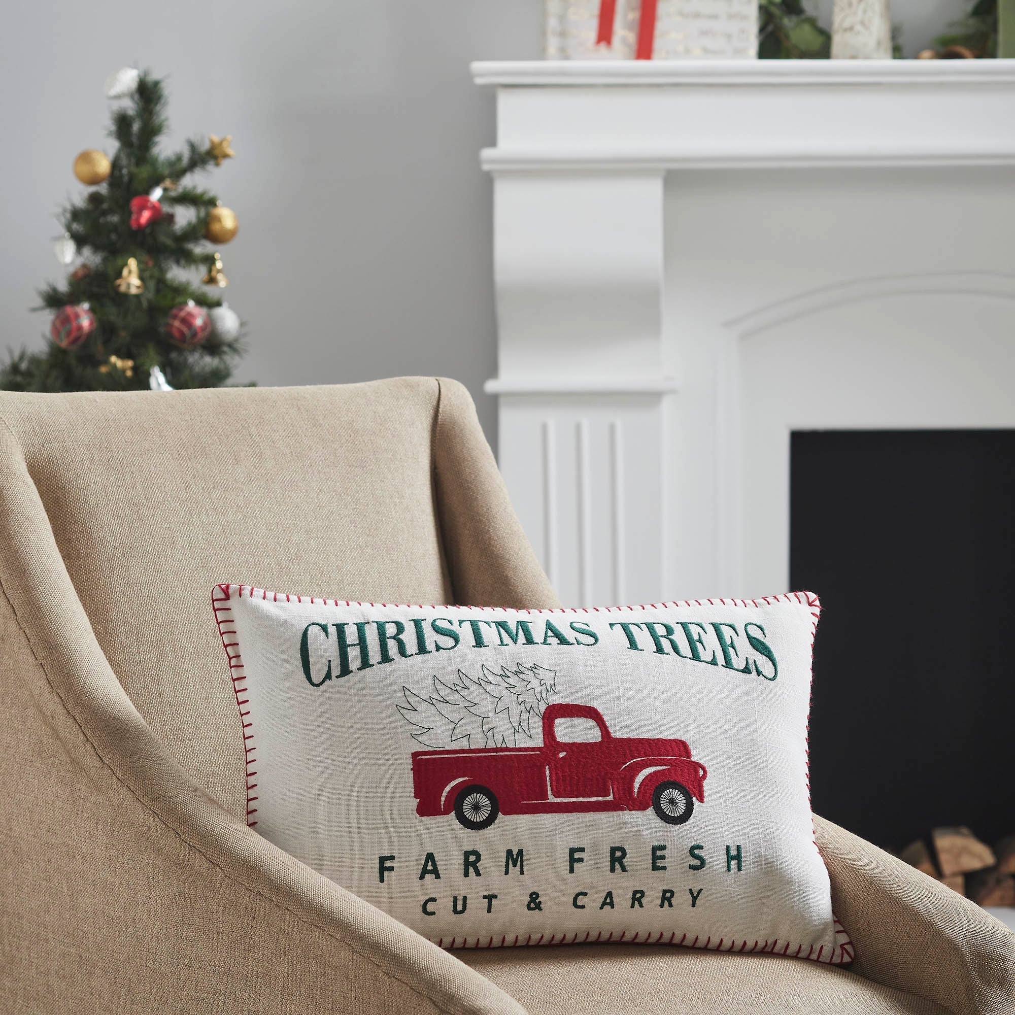 Farm Fresh Red Truck Christmas Accent Pillow