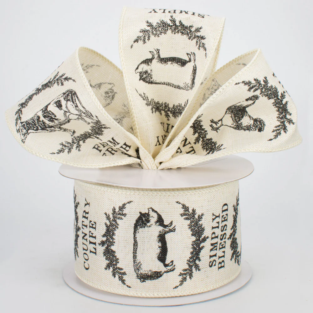 ๐ Farmhouse Animals Cream & Black Ribbon 2.5" W x 10 yards